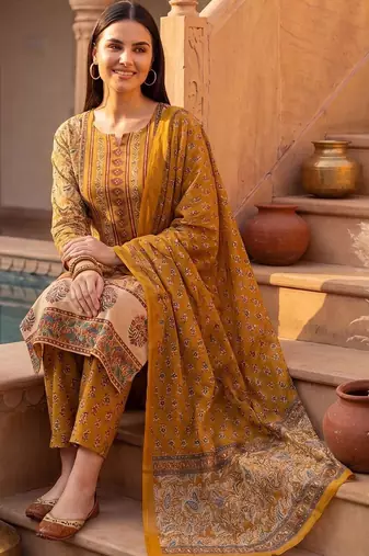 Women Ethnic Motifs Printed Regular Pure Cotton Kurta with Trousers & With Dupatta