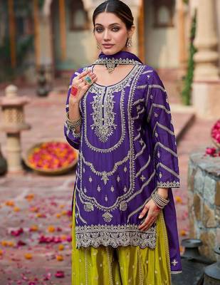 Floral Embroidered Sequinned Chinon Straight Kurta With Palazzos & Dupatta 1