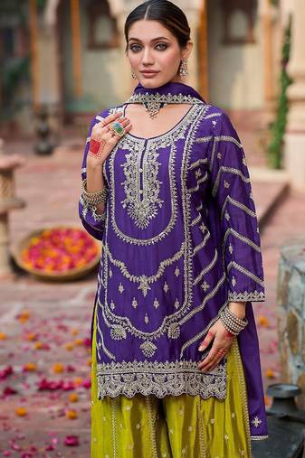 Floral Embroidered Sequinned Chinon Straight Kurta With Palazzos & Dupatta
