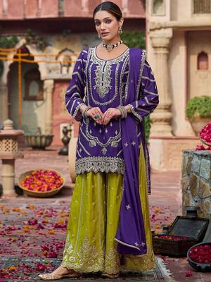 Floral Embroidered Sequinned Chinon Straight Kurta With Palazzos & Dupatta 2