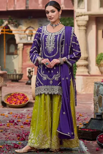 Floral Embroidered Sequinned Chinon Straight Kurta With Palazzos & Dupatta