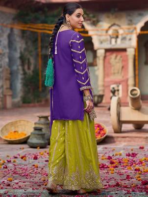 Floral Embroidered Sequinned Chinon Straight Kurta With Palazzos & Dupatta 3