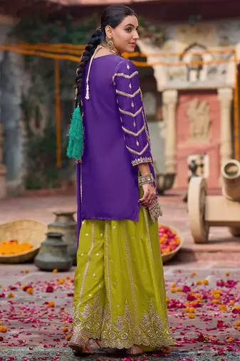 Floral Embroidered Sequinned Chinon Straight Kurta With Palazzos & Dupatta