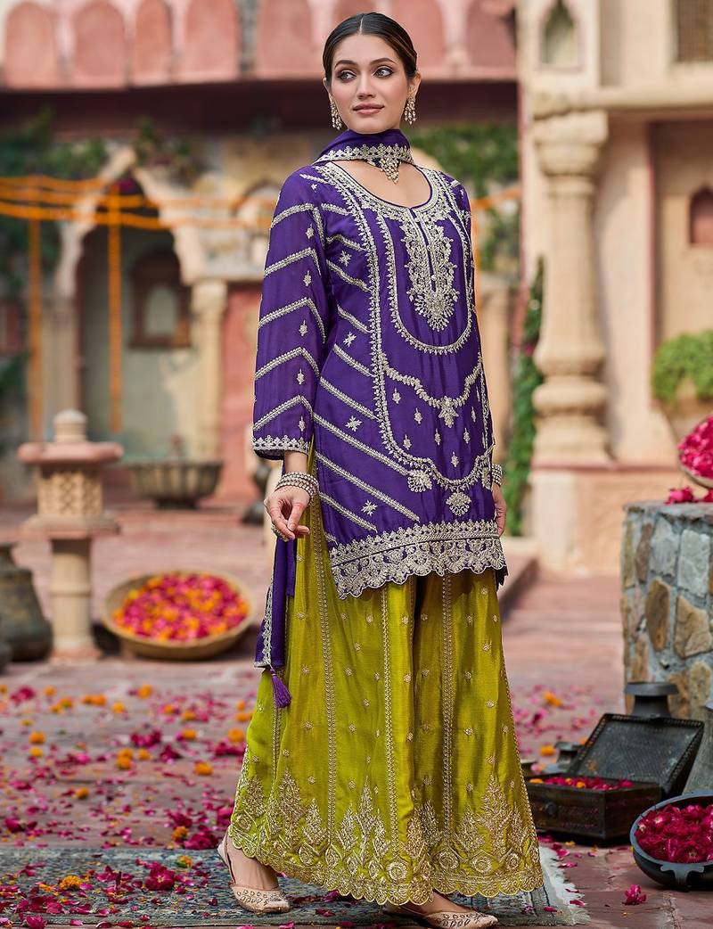 Floral Embroidered Sequinned Chinon Straight Kurta With Palazzos & Dupatta