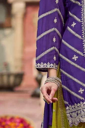 Floral Embroidered Sequinned Chinon Straight Kurta With Palazzos & Dupatta