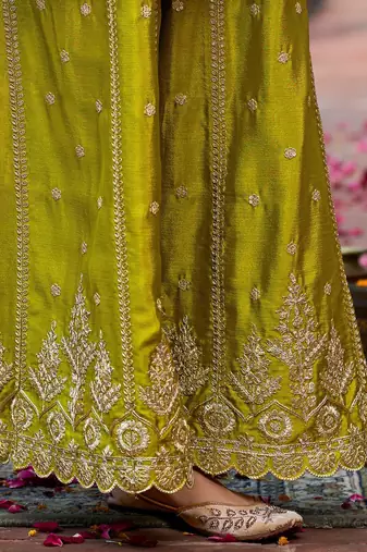 Floral Embroidered Sequinned Chinon Straight Kurta With Palazzos & Dupatta