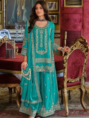 Ethnic Motifs Embroidered Round Neck Straight Kurta With Sharara & Dupatta 1