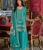 Ethnic Motifs Embroidered Round Neck Straight Kurta With Sharara & Dupatta