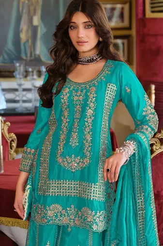 Ethnic Motifs Embroidered Round Neck Straight Kurta With Sharara & Dupatta