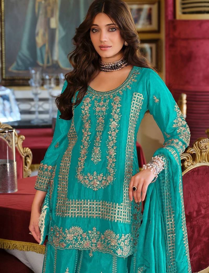 Ethnic Motifs Embroidered Round Neck Straight Kurta With Sharara & Dupatta