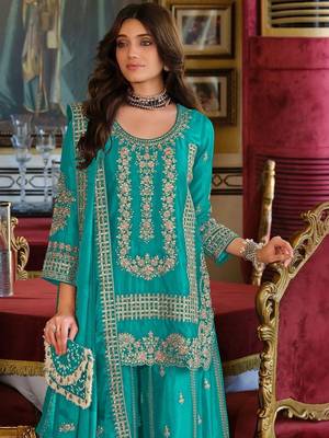 Ethnic Motifs Embroidered Round Neck Straight Kurta With Sharara & Dupatta 3