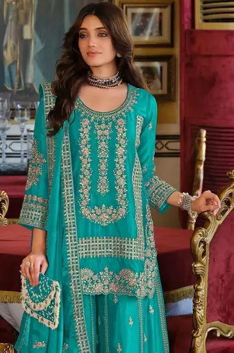 Ethnic Motifs Embroidered Round Neck Straight Kurta With Sharara & Dupatta