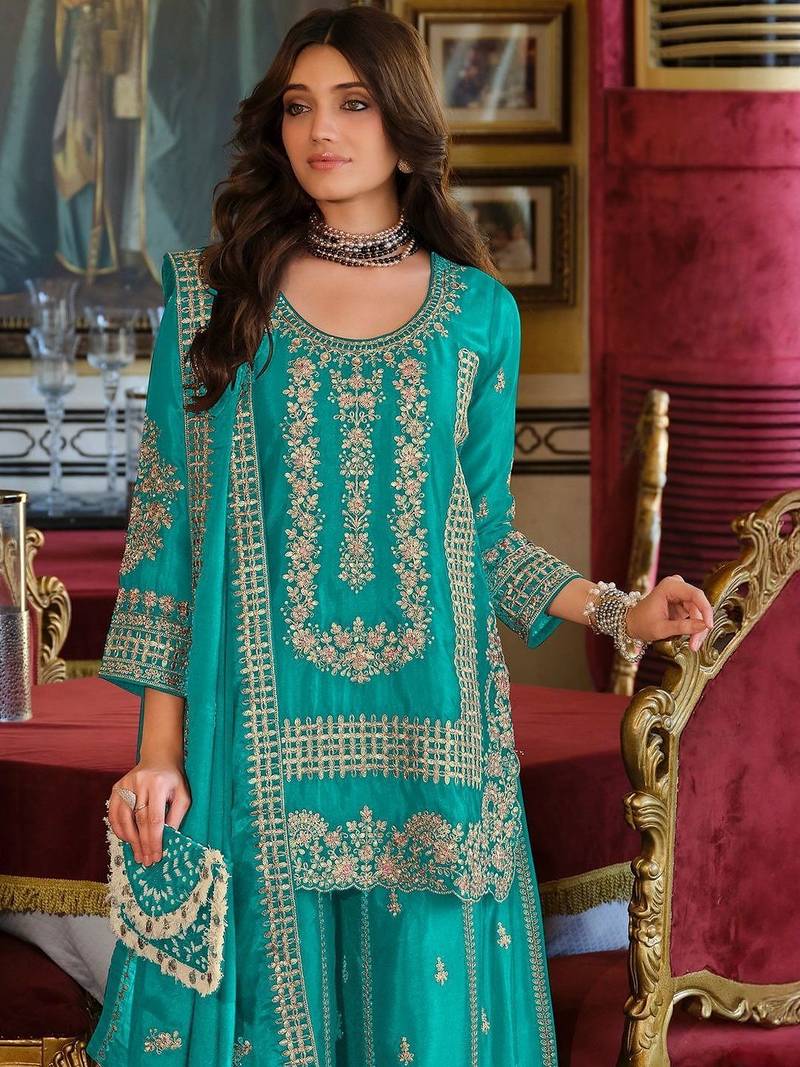 Ethnic Motifs Embroidered Round Neck Straight Kurta With Sharara & Dupatta