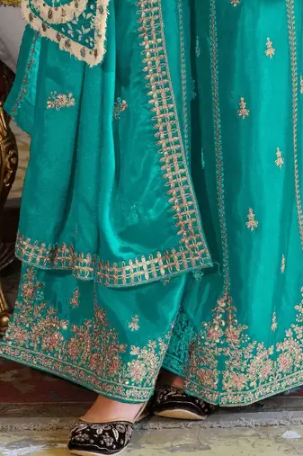 Ethnic Motifs Embroidered Round Neck Straight Kurta With Sharara & Dupatta