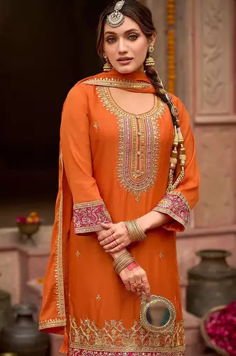 Floral Embroidered Sequinned Chinon Straight Kurta With Trousers & Dupatta