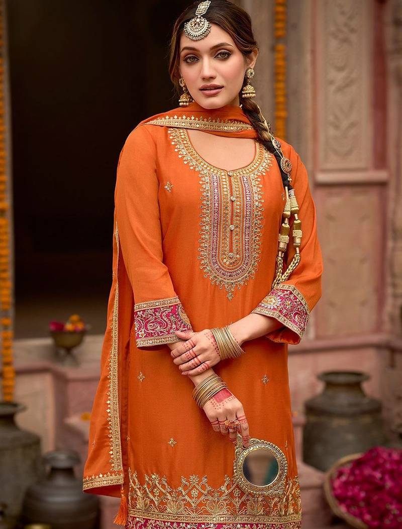 Floral Embroidered Sequinned Chinon Straight Kurta With Trousers & Dupatta