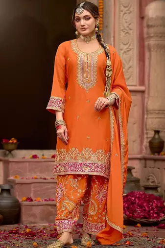 Floral Embroidered Sequinned Chinon Straight Kurta With Trousers & Dupatta