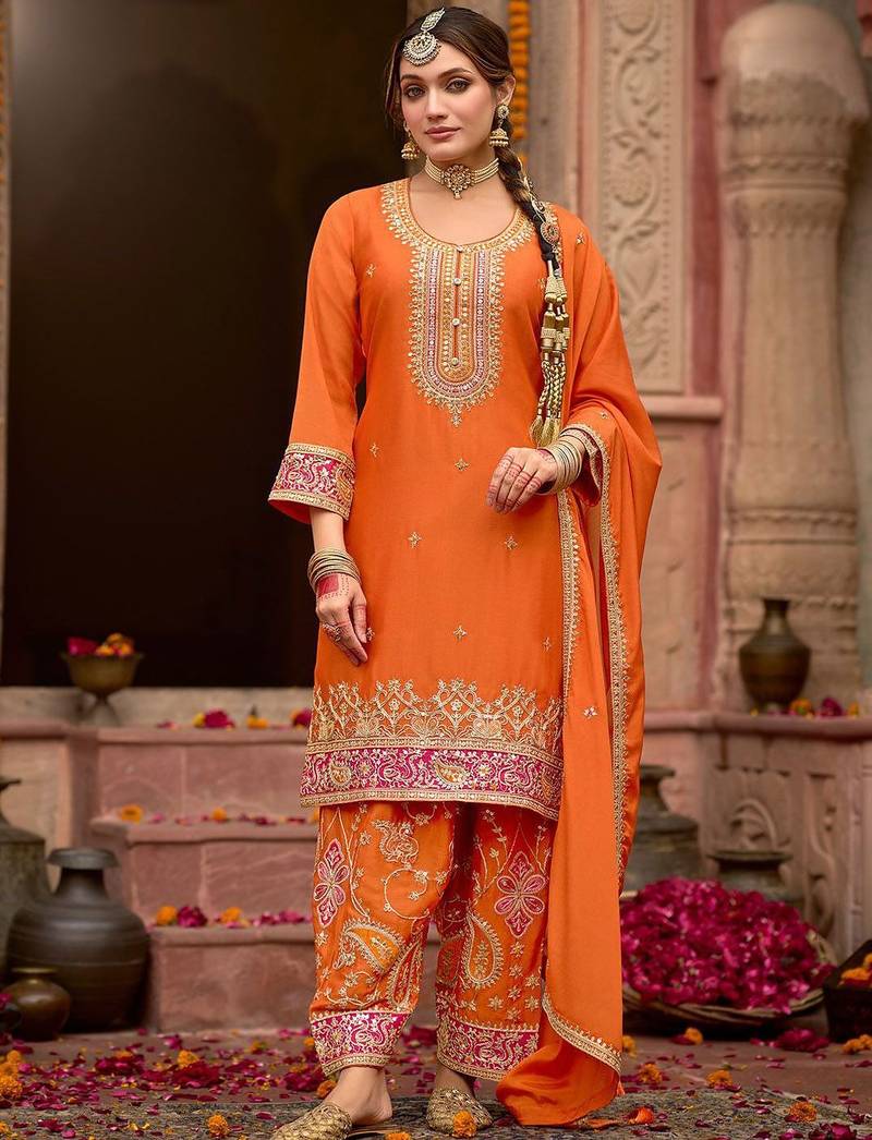 Floral Embroidered Sequinned Chinon Straight Kurta With Trousers & Dupatta