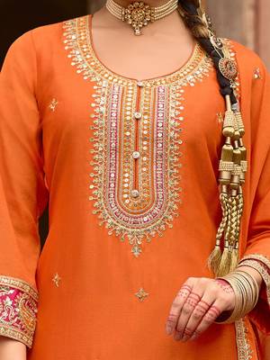Floral Embroidered Sequinned Chinon Straight Kurta With Trousers & Dupatta 4