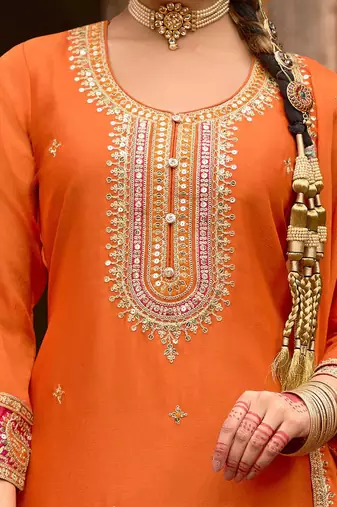 Floral Embroidered Sequinned Chinon Straight Kurta With Trousers & Dupatta