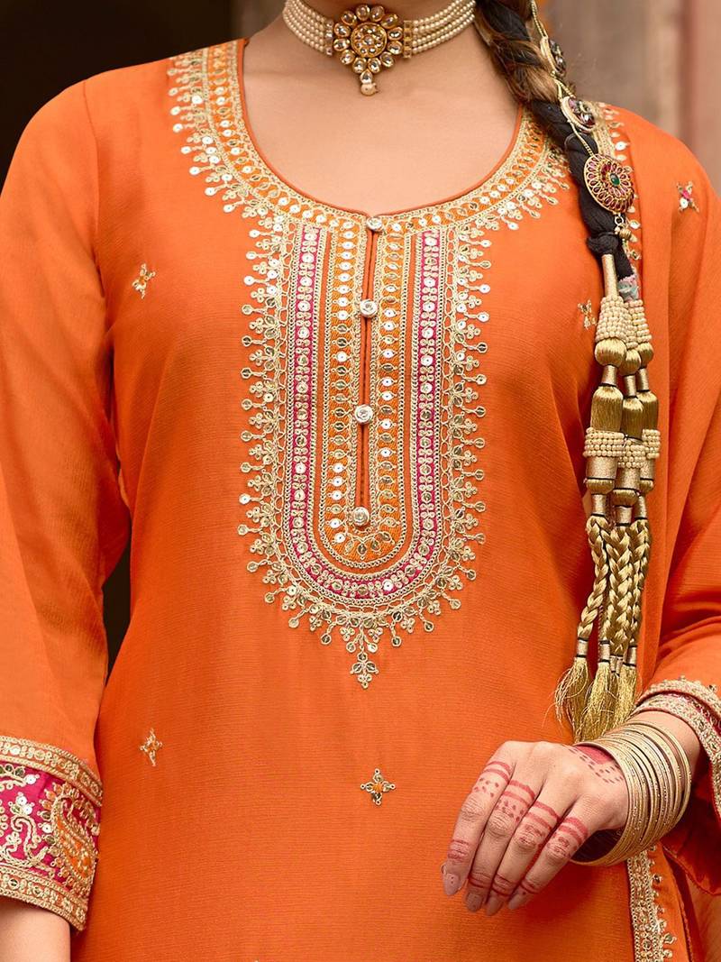Floral Embroidered Sequinned Chinon Straight Kurta With Trousers & Dupatta