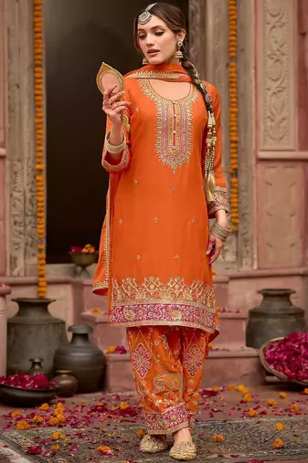 Floral Embroidered Sequinned Chinon Straight Kurta With Trousers & Dupatta