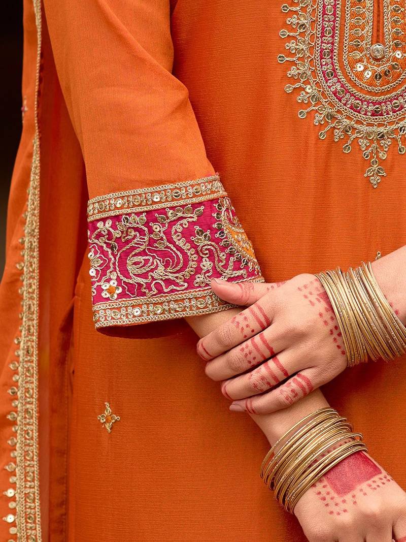 Floral Embroidered Sequinned Chinon Straight Kurta With Trousers & Dupatta