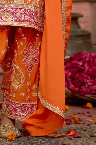 Floral Embroidered Sequinned Chinon Straight Kurta With Trousers & Dupatta