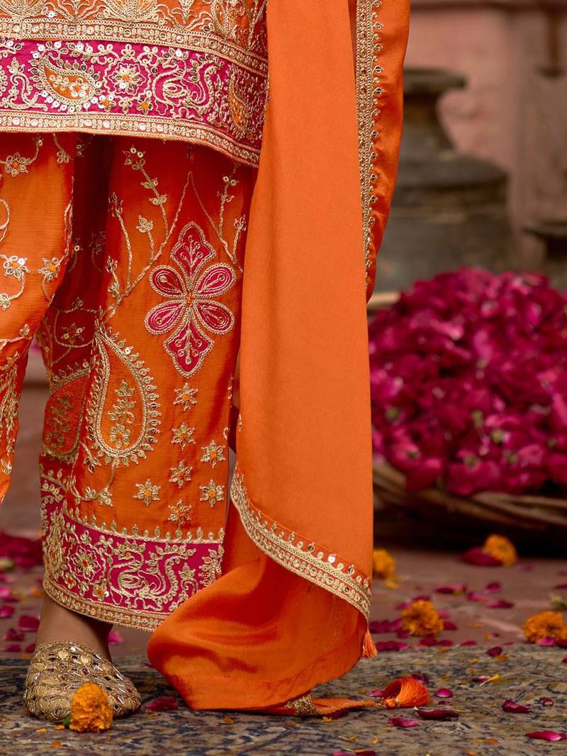 Floral Embroidered Sequinned Chinon Straight Kurta With Trousers & Dupatta