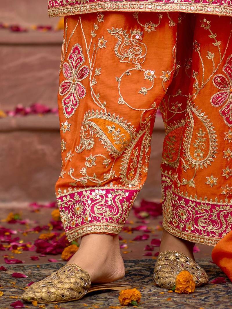 Floral Embroidered Sequinned Chinon Straight Kurta With Trousers & Dupatta