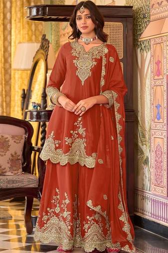 Women Ethnic Motifs Embroidered Kurta with Sharara & With Dupatta