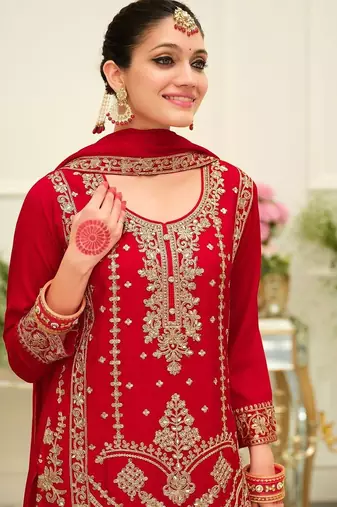 Ethnic Motifs Embroidered Mirror Work Straight Kurta & Palazzos With Dupatta