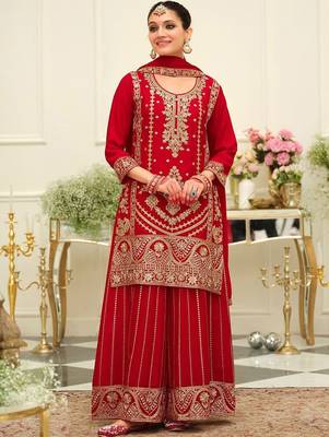 Ethnic Motifs Embroidered Mirror Work Straight Kurta & Palazzos With Dupatta 1