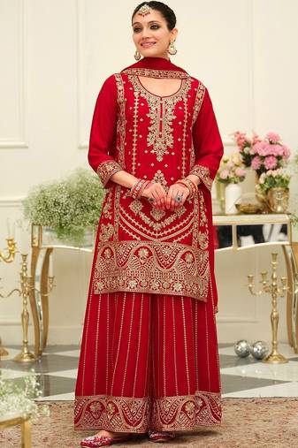 Ethnic Motifs Embroidered Mirror Work Straight Kurta & Palazzos With Dupatta