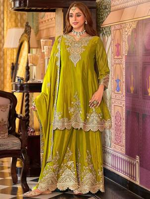 Ethnic Motifs Embroidered V-Neck Sequinned Kurta With Sharara & Dupatta 1