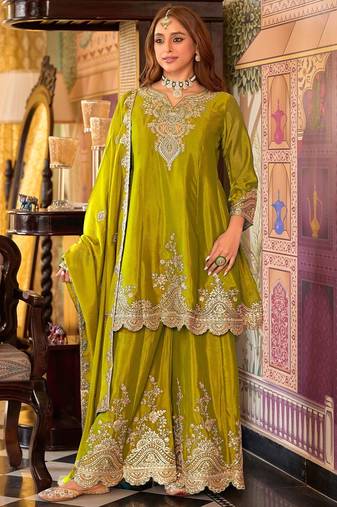 Ethnic Motifs Embroidered V-Neck Sequinned Kurta With Sharara & Dupatta