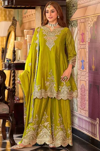 Ethnic Motifs Embroidered V-Neck Sequinned Kurta With Sharara & Dupatta
