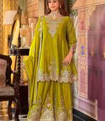 Ethnic Motifs Embroidered V-Neck Sequinned Kurta With Sharara & Dupatta