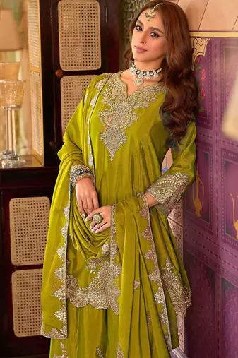 Ethnic Motifs Embroidered V-Neck Sequinned Kurta With Sharara & Dupatta