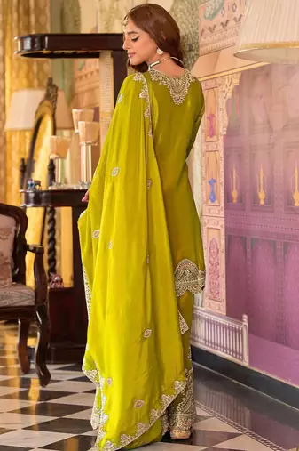 Ethnic Motifs Embroidered V-Neck Sequinned Kurta With Sharara & Dupatta