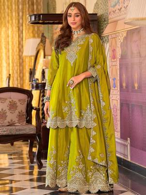 Ethnic Motifs Embroidered V-Neck Sequinned Kurta With Sharara & Dupatta 4