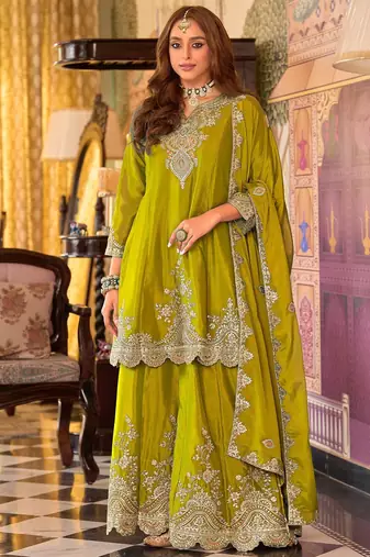 Ethnic Motifs Embroidered V-Neck Sequinned Kurta With Sharara & Dupatta