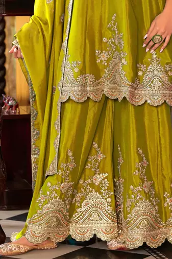 Ethnic Motifs Embroidered V-Neck Sequinned Kurta With Sharara & Dupatta