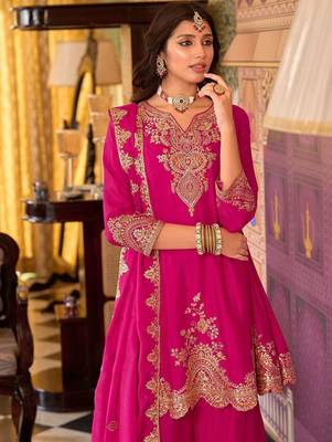 Floral Embroidered Sequinned Chinon A-Line Kurta With Palazzos & Dupatta 2