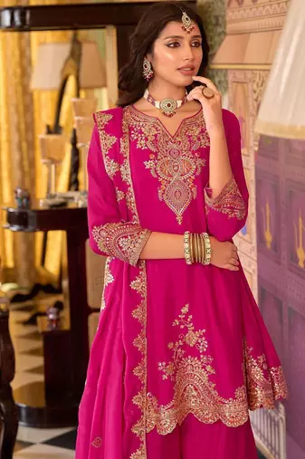 Floral Embroidered Sequinned Chinon A-Line Kurta With Palazzos & Dupatta