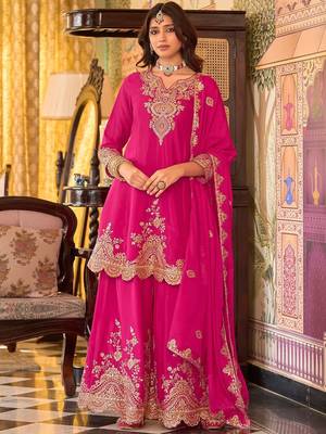 Floral Embroidered Sequinned Chinon A-Line Kurta With Palazzos & Dupatta 1