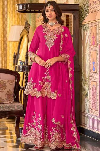 Floral Embroidered Sequinned Chinon A-Line Kurta With Palazzos & Dupatta