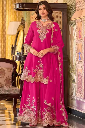 Floral Embroidered Sequinned Chinon A-Line Kurta With Palazzos & Dupatta
