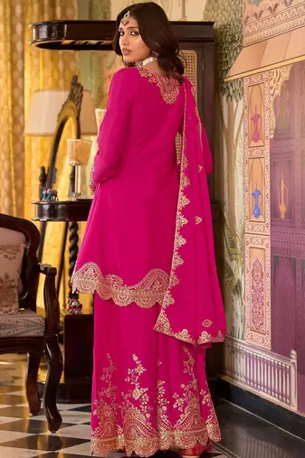 Floral Embroidered Sequinned Chinon A-Line Kurta With Palazzos & Dupatta
