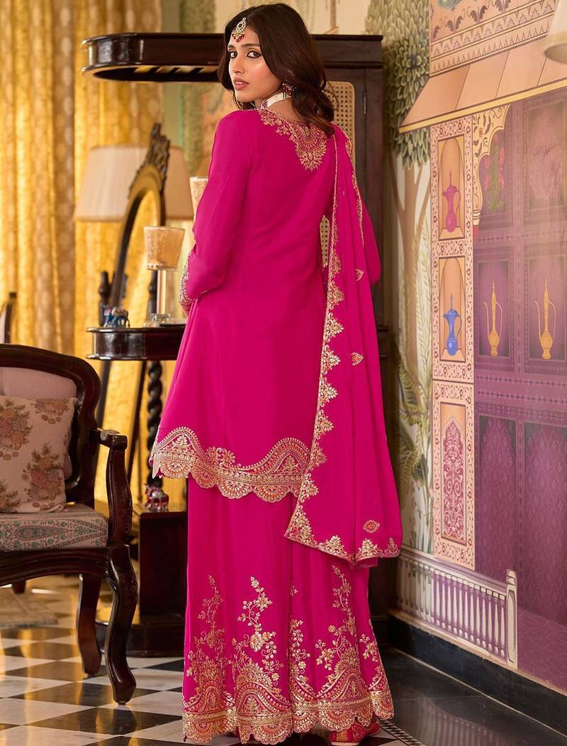 Floral Embroidered Sequinned Chinon A-Line Kurta With Palazzos & Dupatta